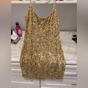 Gold sequin spaghetti strap mini dress